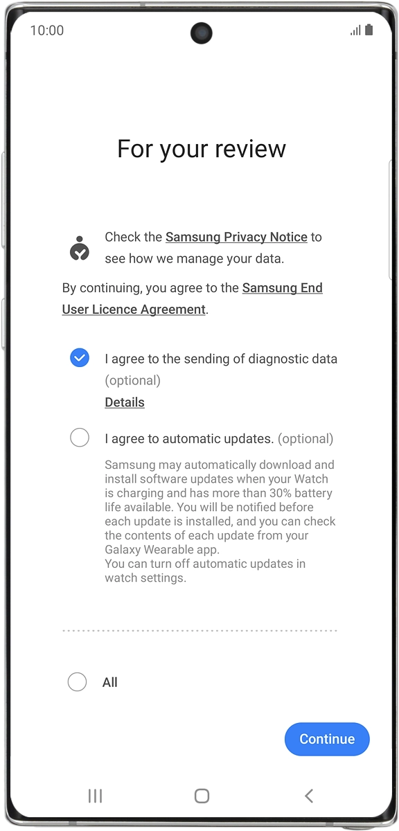 On your phone: Follow the instructions on the screen to select the required settings and press Continue.