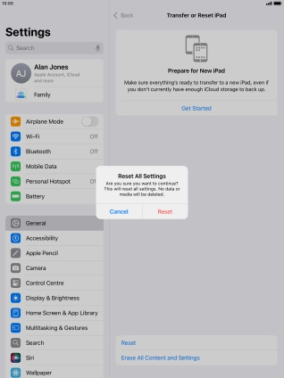 Press Reset. Wait a moment while the factory default settings are restored. Follow the instructions on the screen to set up your tablet and prepare it for use.