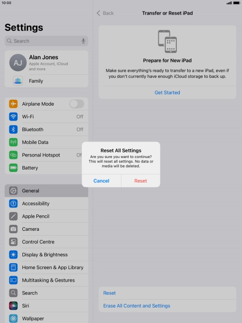 Press Reset. Wait a moment while the factory default settings are restored. Follow the instructions on the screen to set up your tablet and prepare it for use.