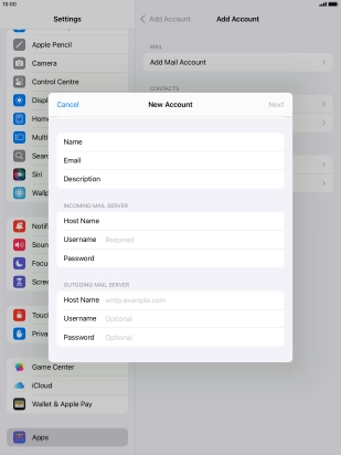 Press Username and key in the username for your email account.