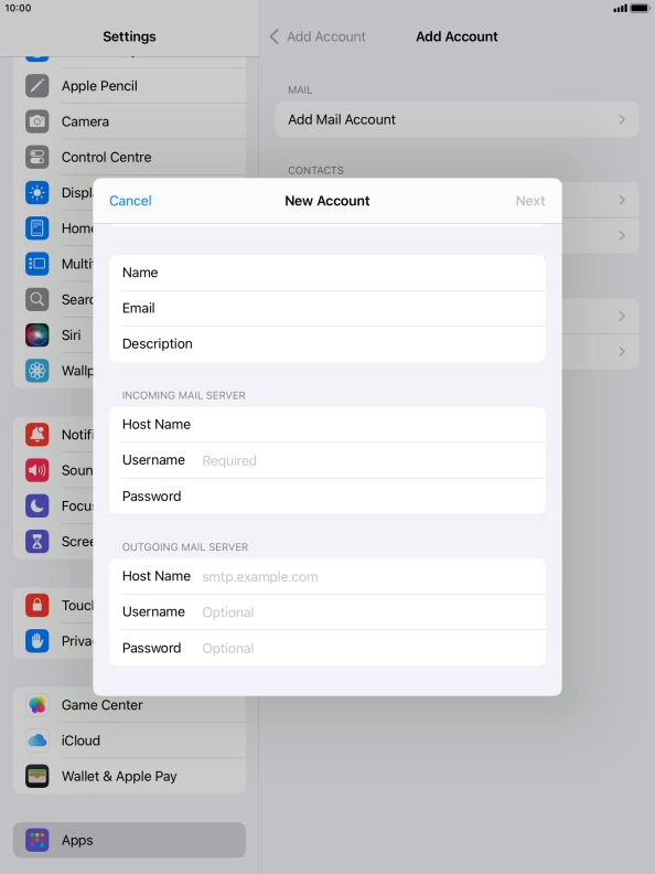 Press Username and key in the username for your email account.