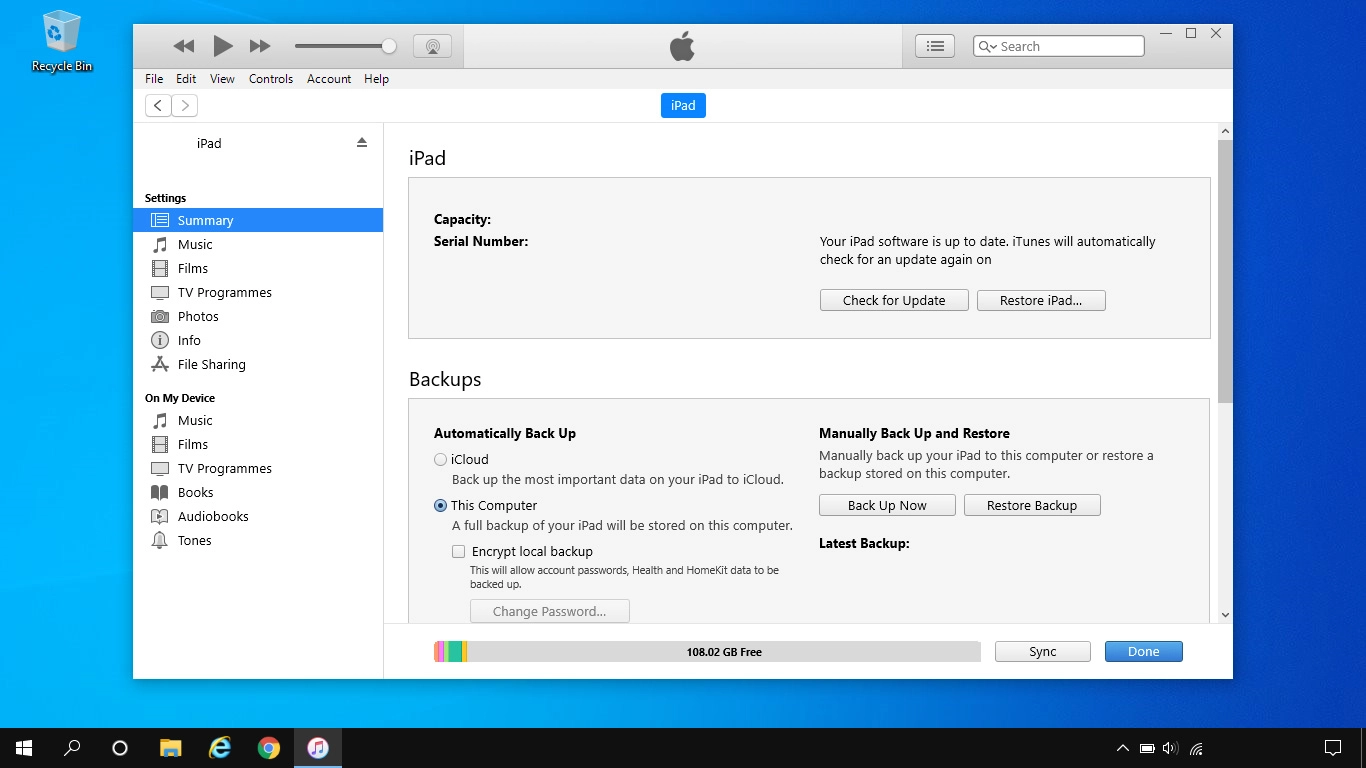 Click Back Up Now and wait while the tablet memory is backed up.