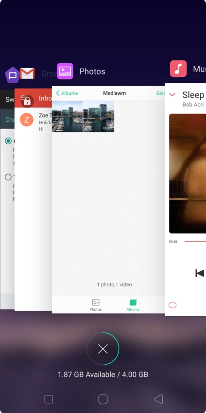 To end one running application, slide your finger upwards on the required application.