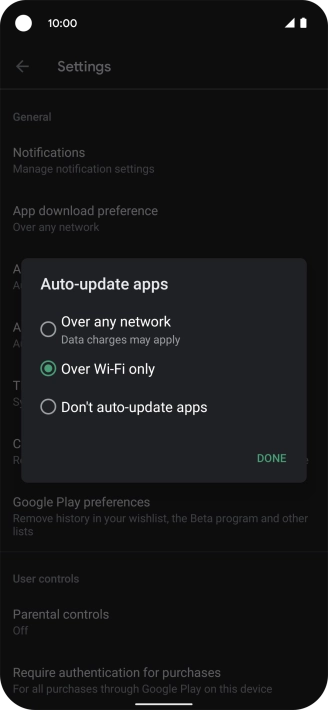 To turn on automatic update of apps using mobile network, press Over any network.