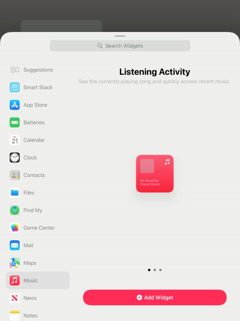 Slide your finger right or left on the screen to select the required widget size.