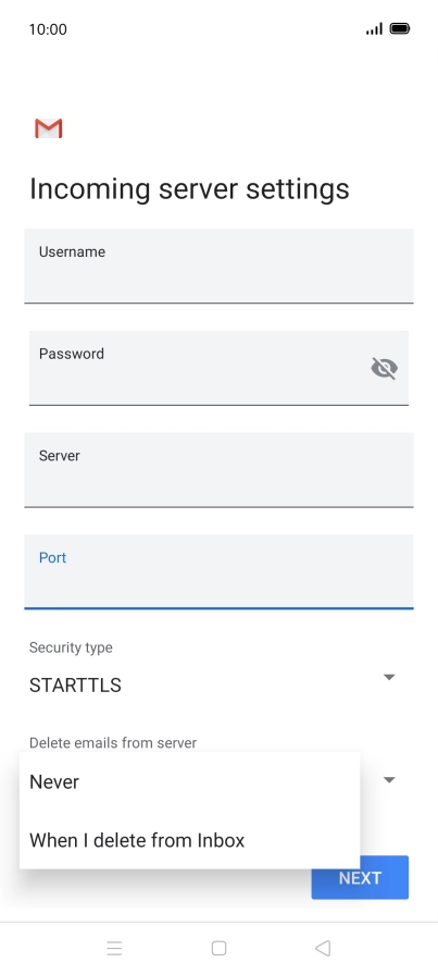 Press Never to keep email messages on the server when you delete them on your phone.