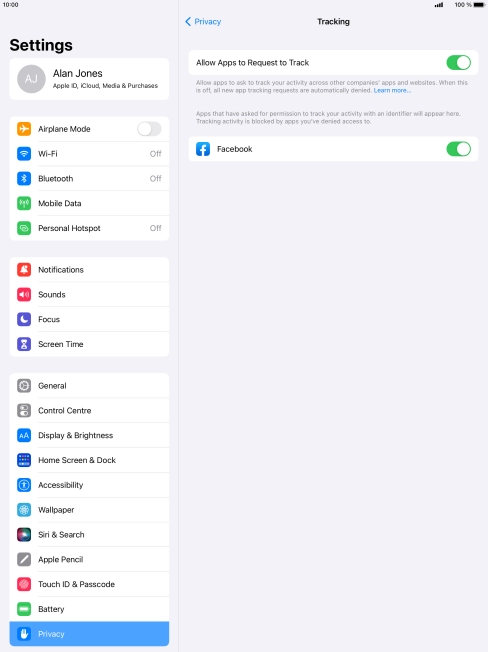 Press Allow Apps to Request to Track to turn the function on or off.