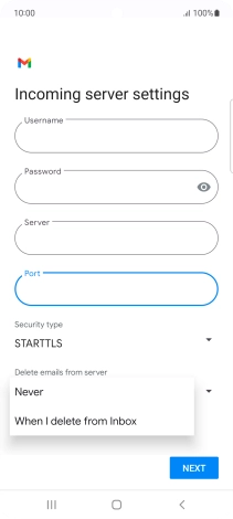 Press Never to keep email messages on the server when you delete them on your phone.