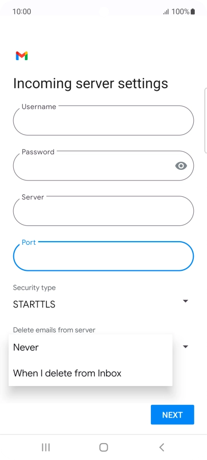 Press Never to keep email messages on the server when you delete them on your phone.