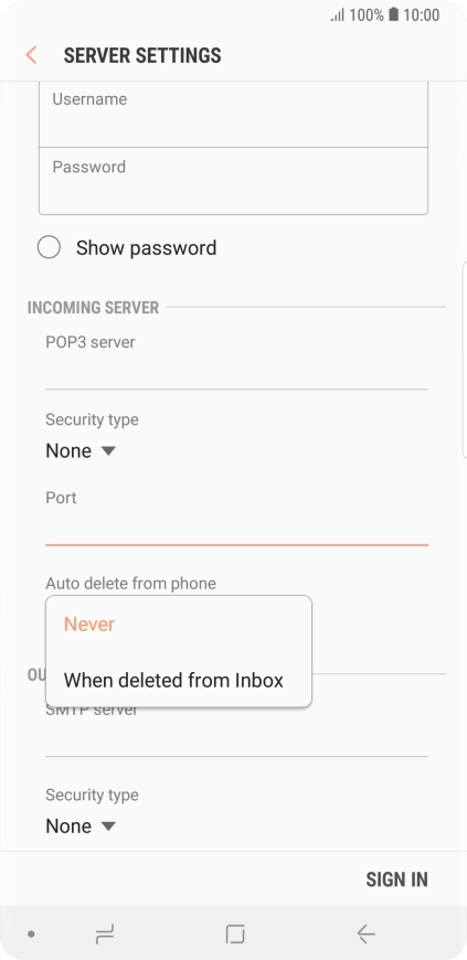 Press Never to keep email messages on the server when you delete them on your phone.