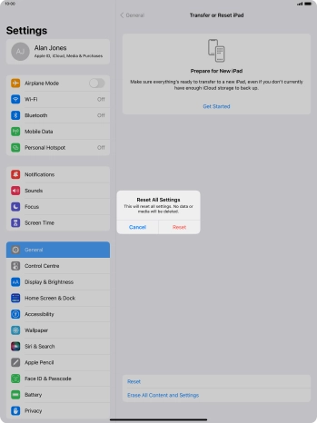 Press Reset. Wait a moment while the factory default settings are restored. Follow the instructions on the screen to set up your tablet and prepare it for use.