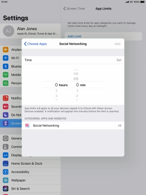 Set the required time limit for use of the selected category.