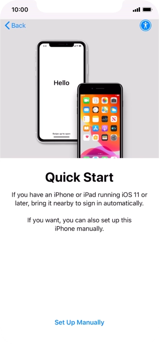 Follow the instructions on the screen to transfer content from another device running iOS 11 or later or press Set Up Manually.