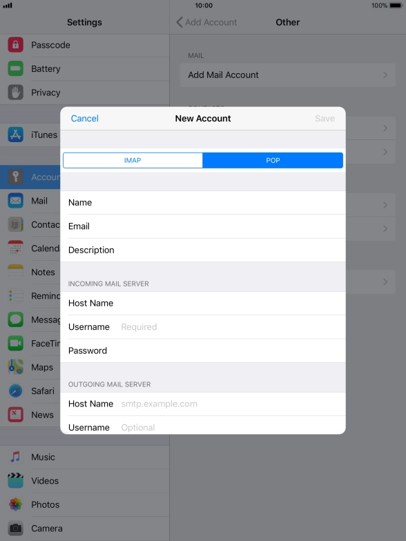 Press Username and key in the username for your email account.