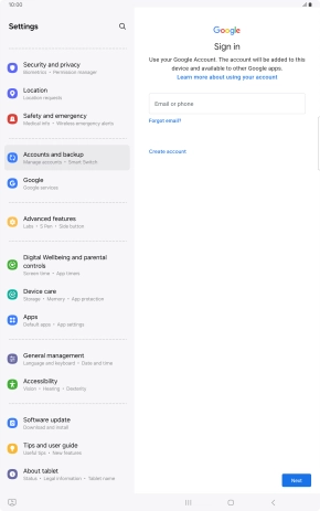 If you don't have a Google account, press Create account and follow the instructions on the screen to create an account.