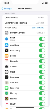 Press the indicators next to the required applications to turn the function on or off.
