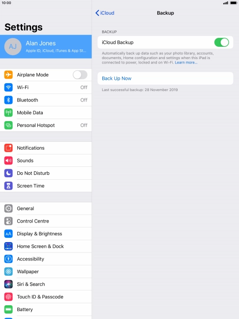 Press Back Up Now and wait while the tablet memory is backed up.