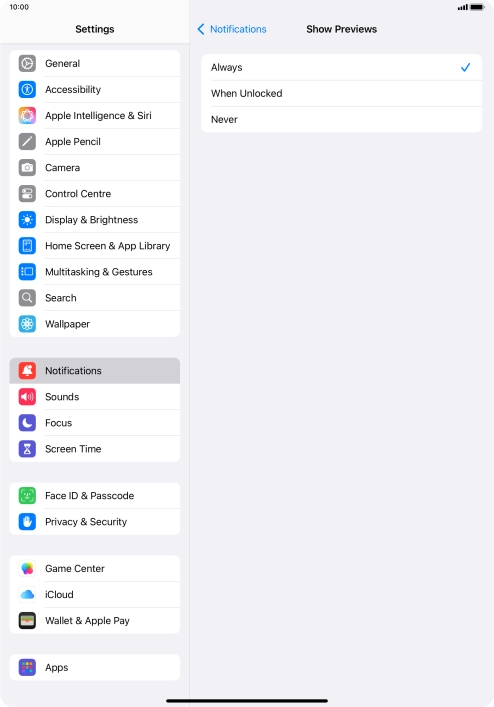 To select notification preview on the lock screen, press Always.