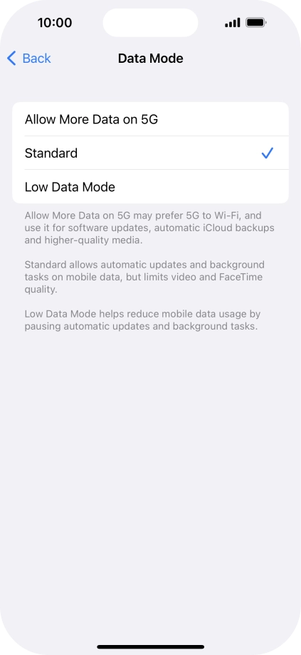 Press the required setting.