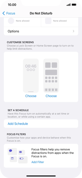 Press Add Schedule and follow the instructions on the screen to select settings for automatic activation of Do Not Disturb.