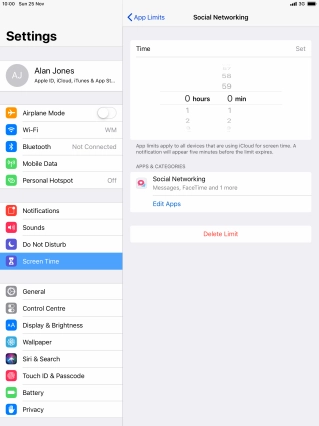 Set the required time limit for use of the selected category.