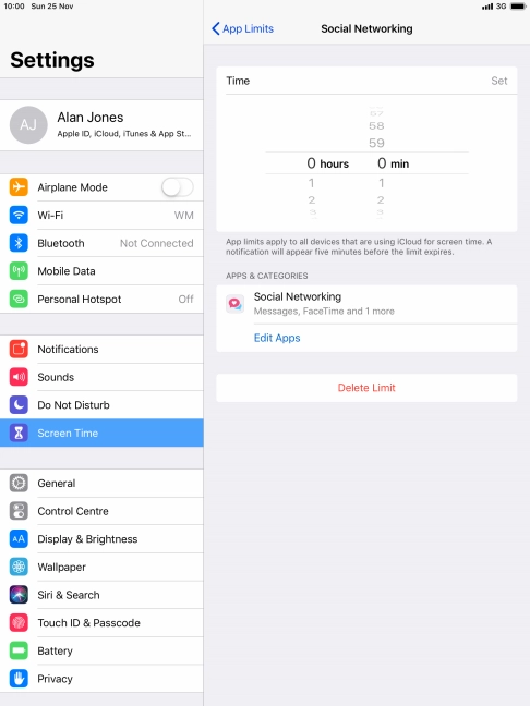 Set the required time limit for use of the selected category.