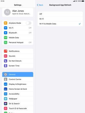 To turn off background refresh of apps, press Off.