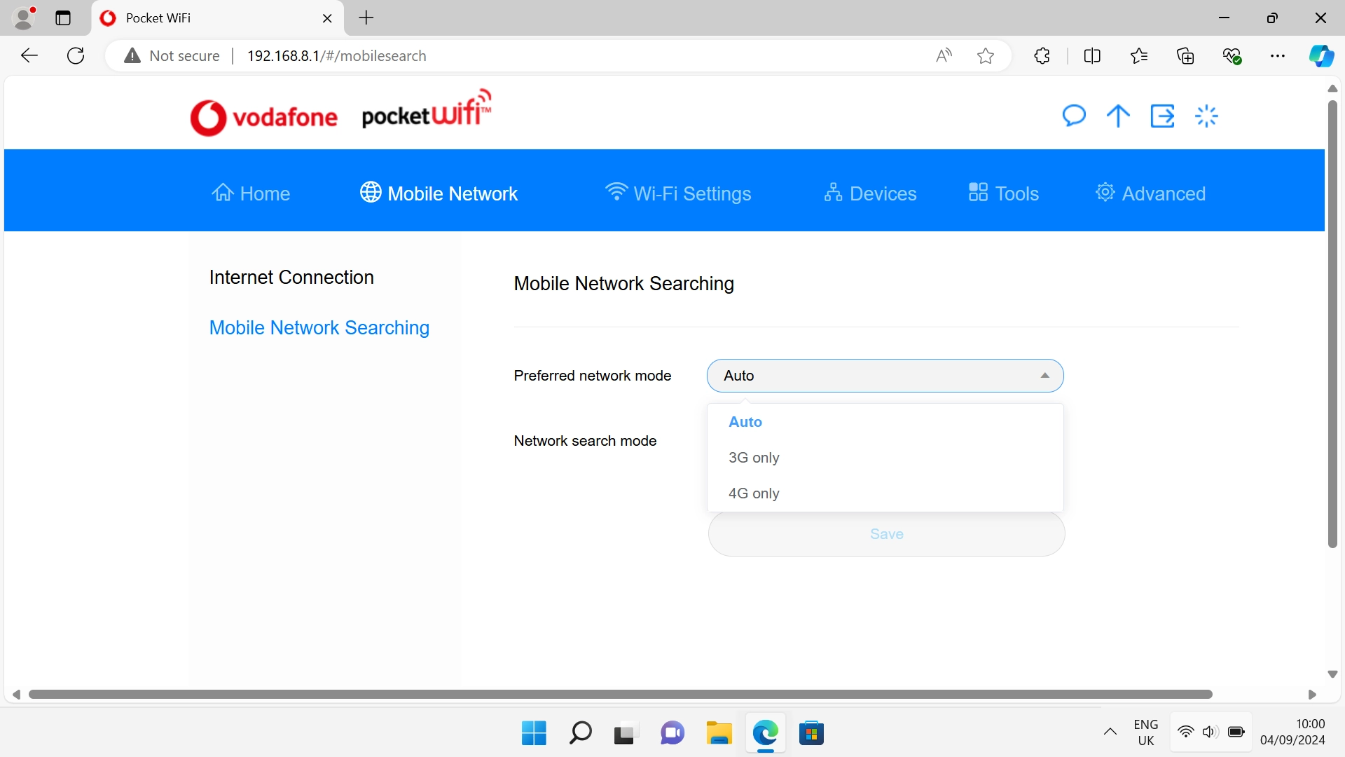 Click the required setting.