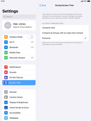 Press the required setting.