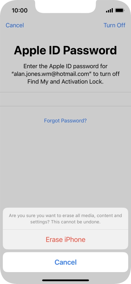Key in the password for your Apple ID and press Erase iPhone. Wait a moment while the factory default settings are restored. Follow the instructions on the screen to set up your phone and prepare it for use.