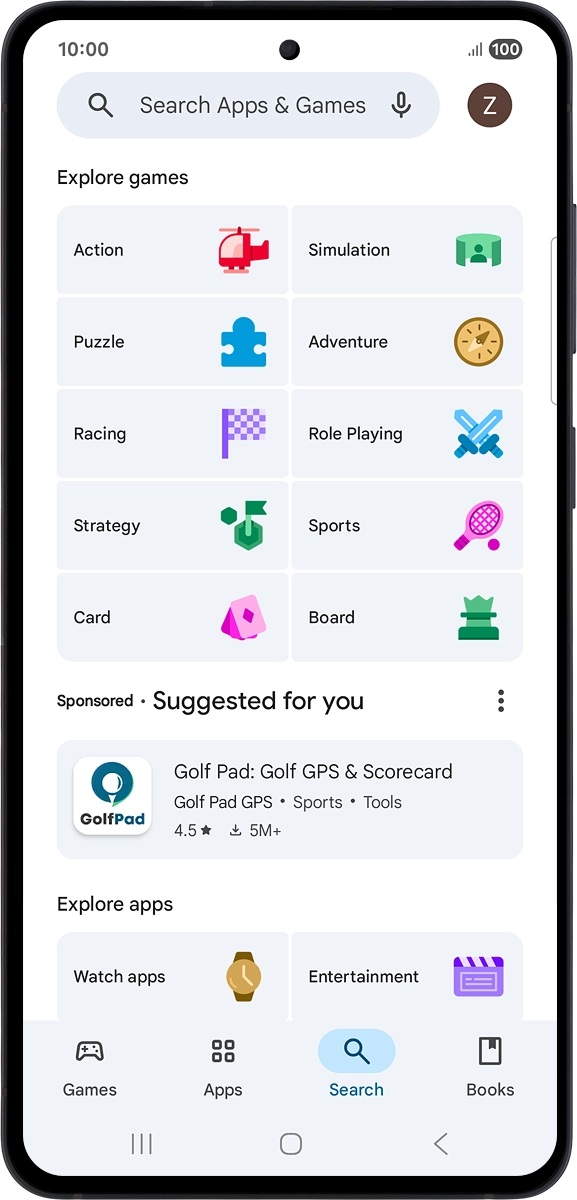On your phone: Press the search field and key in the name or subject of the required app.