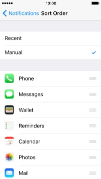 To sort notifications manually, press the organise icon next to the required menu item and drag it to the required position on the list.