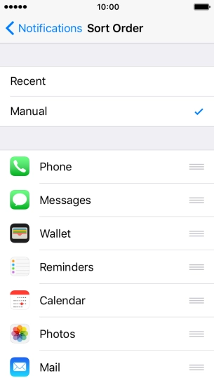 To sort notifications manually, press the organise icon next to the required menu item and drag it to the required position on the list.