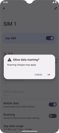 If you turn on data roaming, press OK.