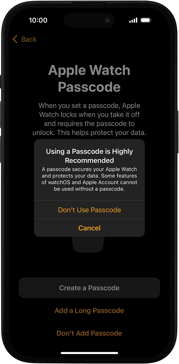 On your phone: Press Don't Use Passcode.