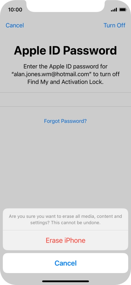 Key in the password for your Apple ID and press Erase iPhone. Wait a moment while the factory default settings are restored. Follow the instructions on the screen to set up your phone and prepare it for use.