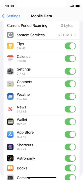 Press the indicators next to the required applications to turn the function on or off.