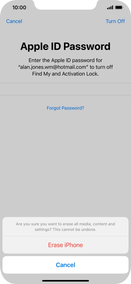 Key in the password for your Apple ID and press Erase iPhone. Wait a moment while the factory default settings are restored. Follow the instructions on the screen to set up your phone and prepare it for use.
