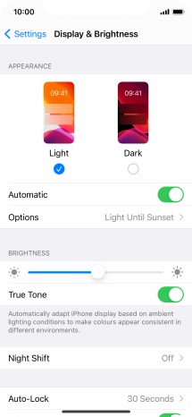 If you turn on the function, press Options and follow the instructions on the screen to select the required period of time for Dark Mode.