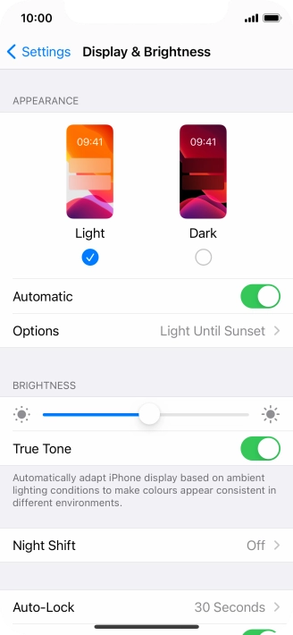 If you turn on the function, press Options and follow the instructions on the screen to select the required period of time for Dark Mode.