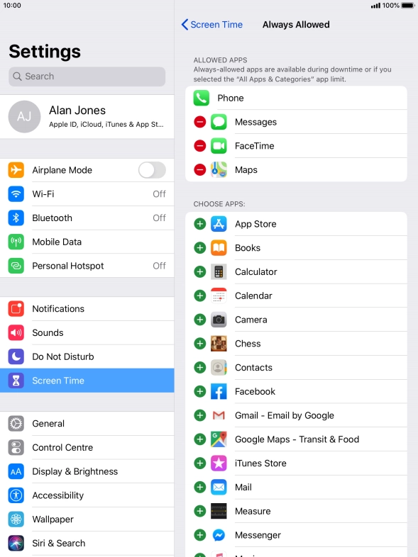 Press the add icon next to the required app to add it to the list of allowed apps during Downtime.