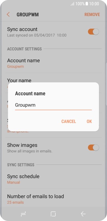 Key in the required name for the email account and press OK.