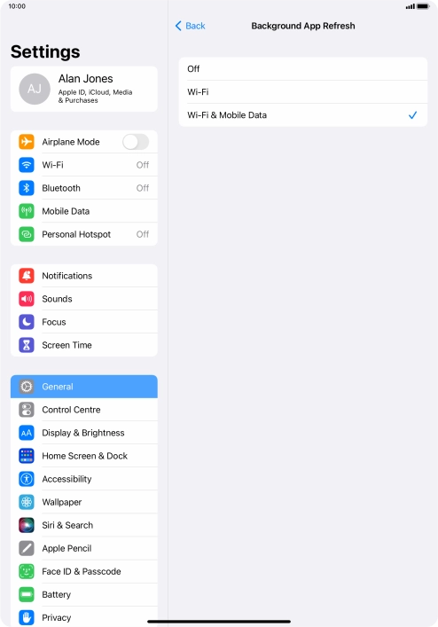 To turn off background refresh of apps, press Off.