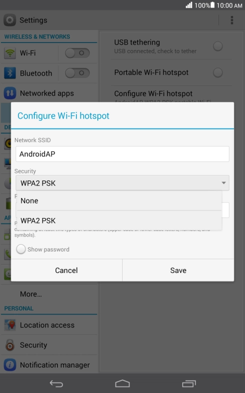 Press WPA2 PSK to password protect your Wi-Fi hotspot.