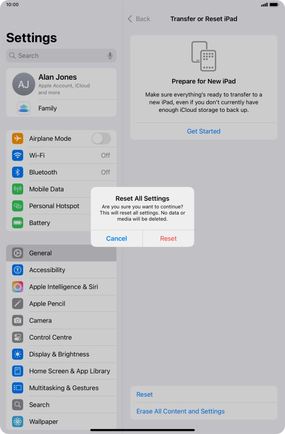 Press Reset. Wait a moment while the factory default settings are restored. Follow the instructions on the screen to set up your tablet and prepare it for use.