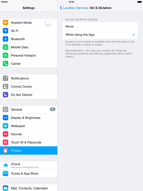 Press the required setting to turn the function on or off.