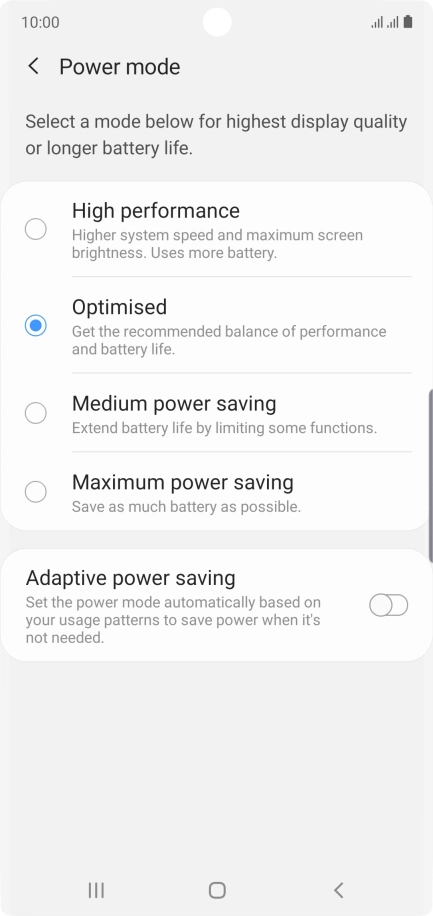 Press the required setting.