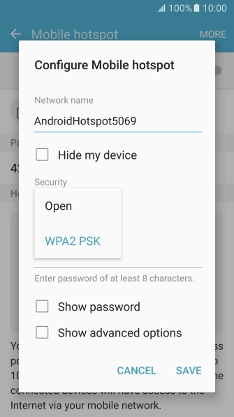 Press WPA2 PSK to password protect your Wi-Fi hotspot.