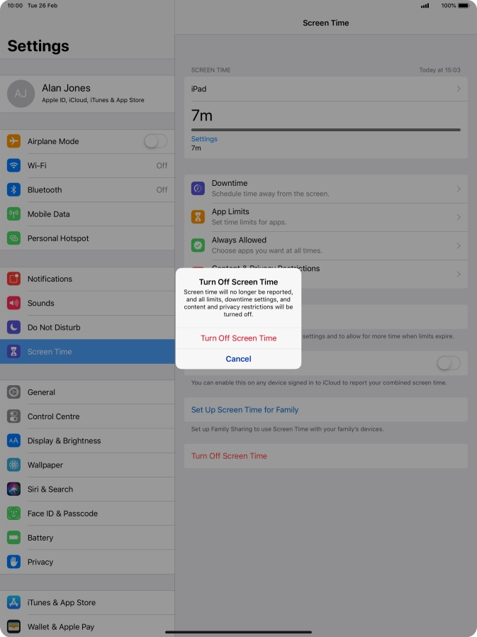 Press Turn Off Screen Time.