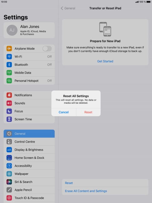 Press Reset. Wait a moment while the factory default settings are restored. Follow the instructions on the screen to set up your tablet and prepare it for use.